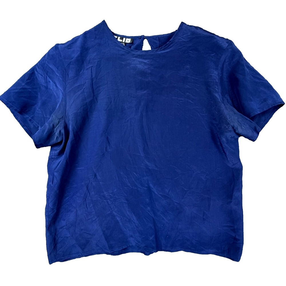 Vintage Clio Top Womens Medium Navy Blue Silk Keyhole Back Casual Round‎ Neck